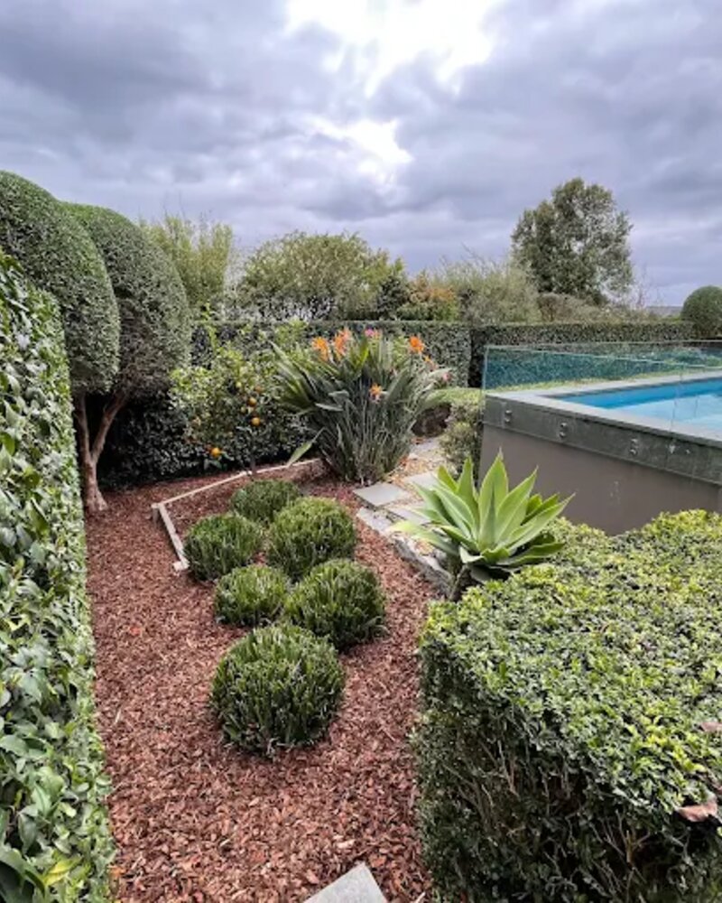 Beautiful garden with pool, hedges and bark mulch maintained by Geurts Lawn Mowing